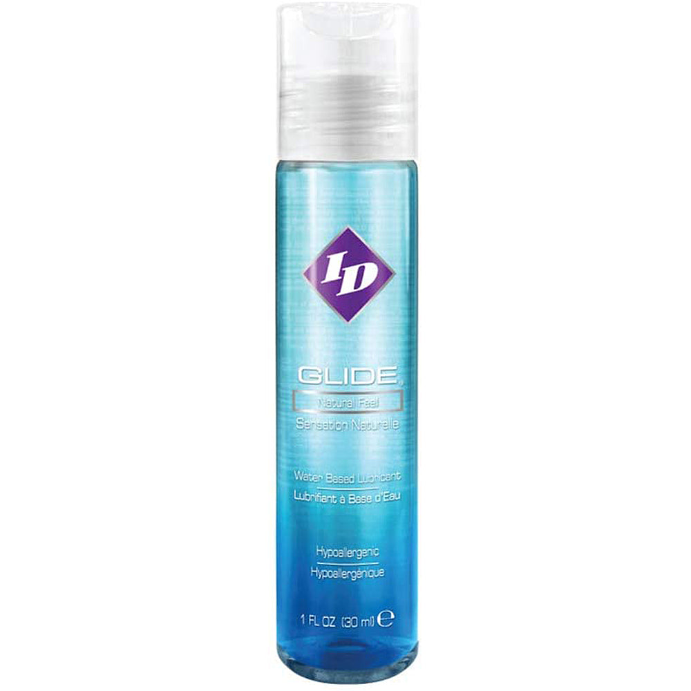 ID Glide water-based lubricant in a clear bottle with a blue gradient label.