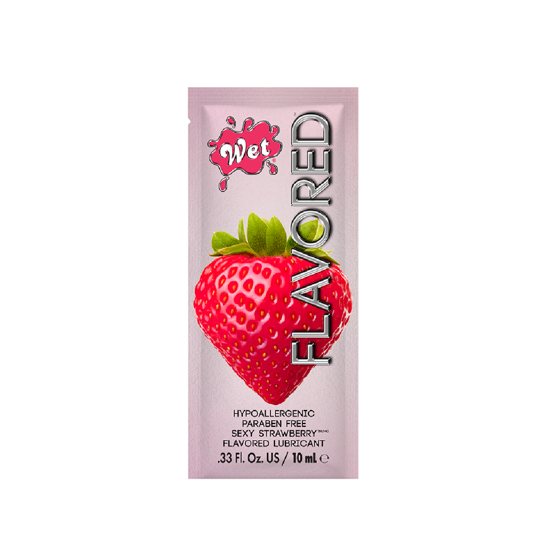 Strawberry flavored water-based lubricant in a single-use packet.