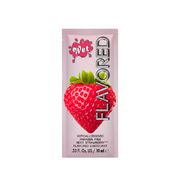Strawberry flavored water-based lubricant in a single-use packet.