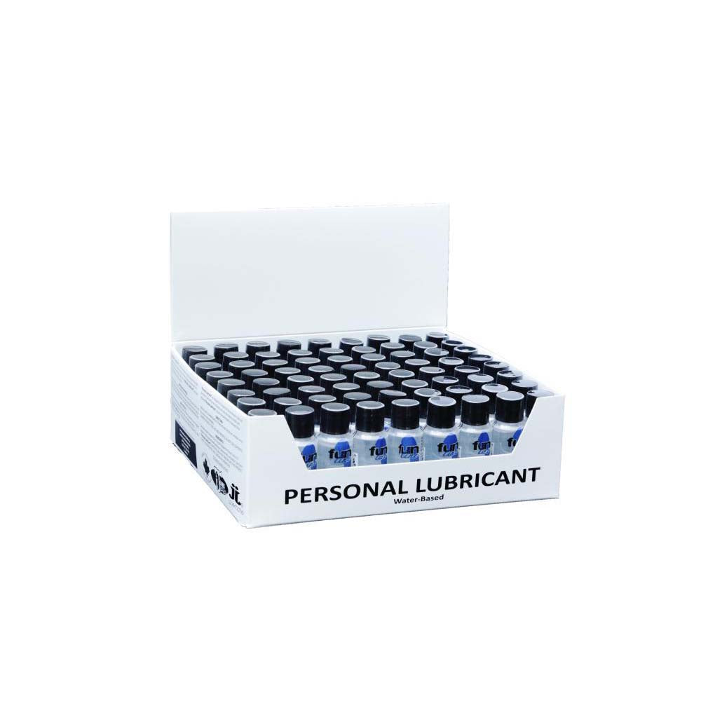 A box of small bottles of Fun Line water-based personal lubricant.