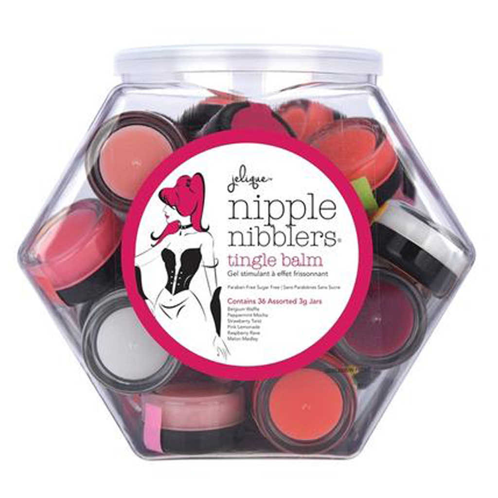 A hexagonal jar filled with 36 assorted nipple tingle balm jars in various colors.