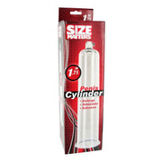 Acrylic penis pump cylinder with "Size Matters" branding and 1.75 inch diameter.