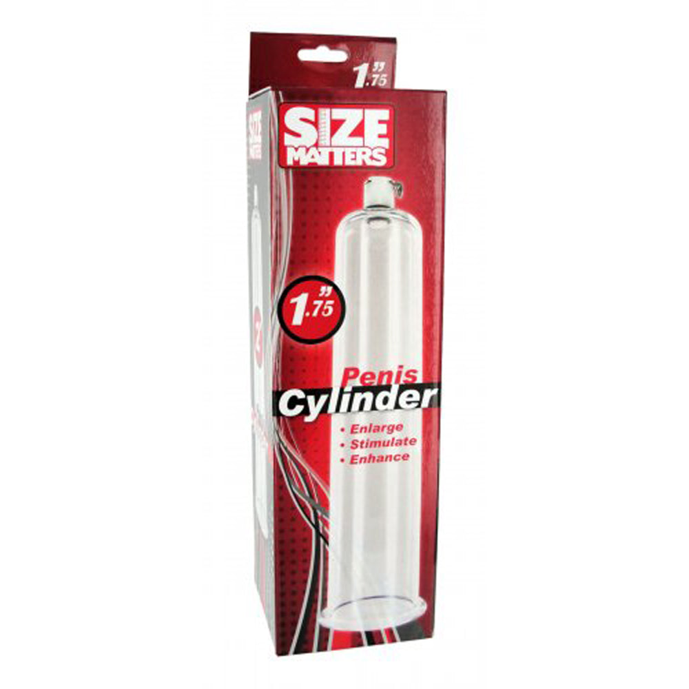 Acrylic penis pump cylinder with "Size Matters" branding and 1.75 inch diameter.