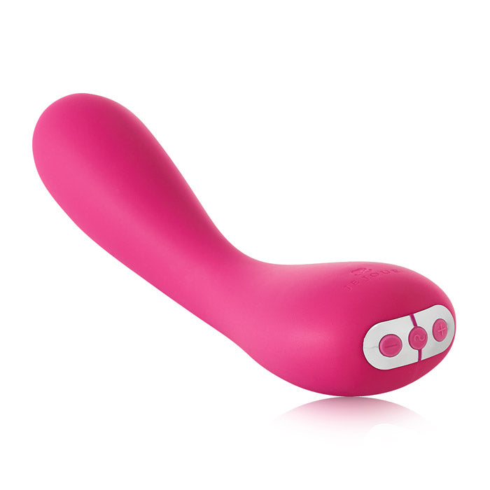 Vibrador rosa com design curvo e botões de controle.