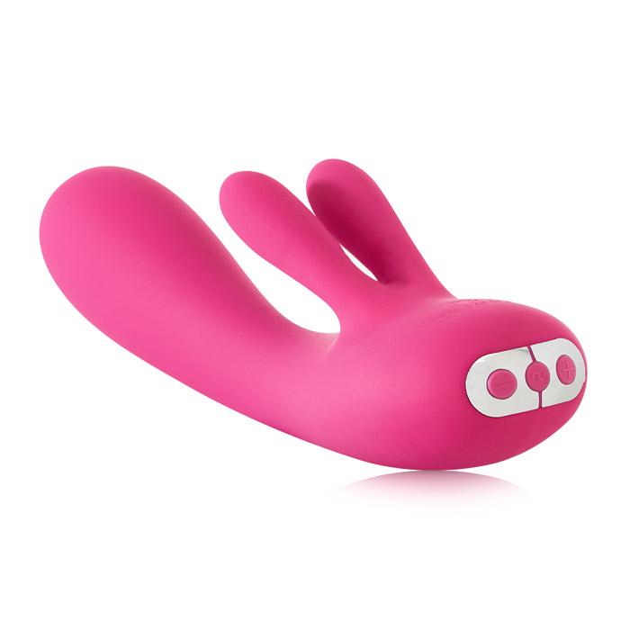 A pink rabbit-shaped vibrator with two control buttons.