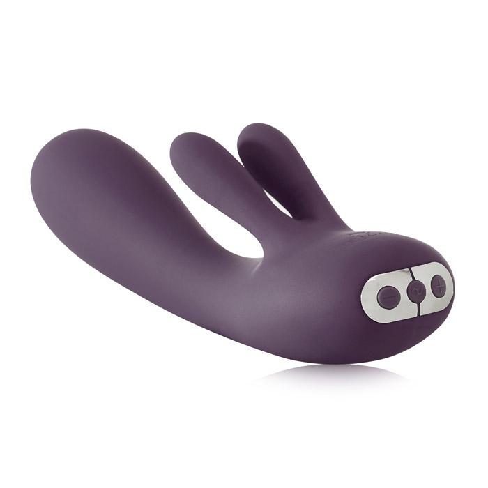 A purple rabbit vibrator with two ears and silver control buttons.