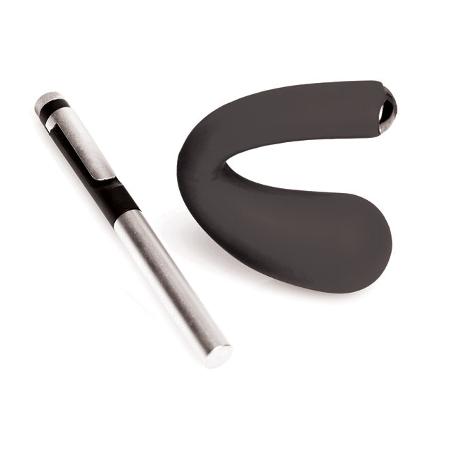 A silver pen-shaped remote and a black curved massager.