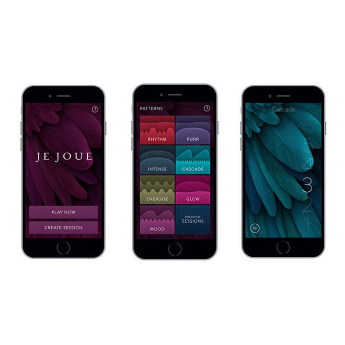 Three iPhones display the Je Joue app interface with vibrator patterns and settings.