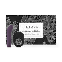 A purple G-spot bullet vibrator and a black vibrating cock ring on a box with a leaf pattern.
