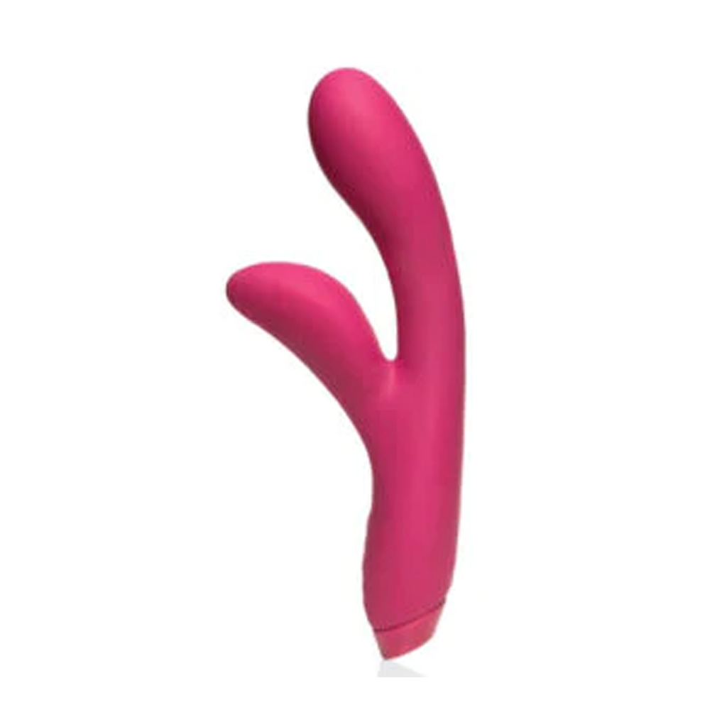 Pink rabbit-shaped vibrator with a curved shaft and dual stimulators.