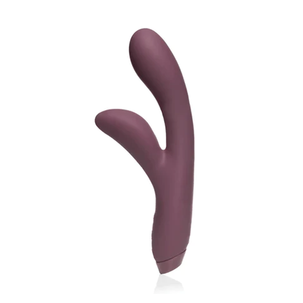 A purple rabbit vibrator with a curved shaft and two ear-like protrusions.