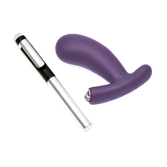 Purple vibrating butt plug with a silver remote.