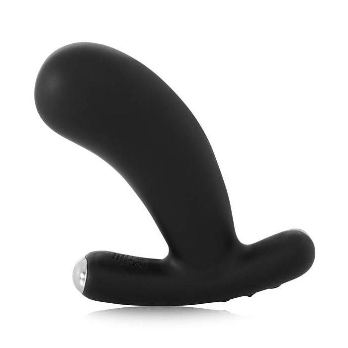 Black silicone app-controlled vibrating butt plug with a curved shaft.
