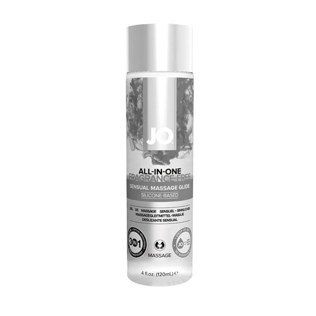 Unscented silicone massage glide in a clear bottle with a white cap.