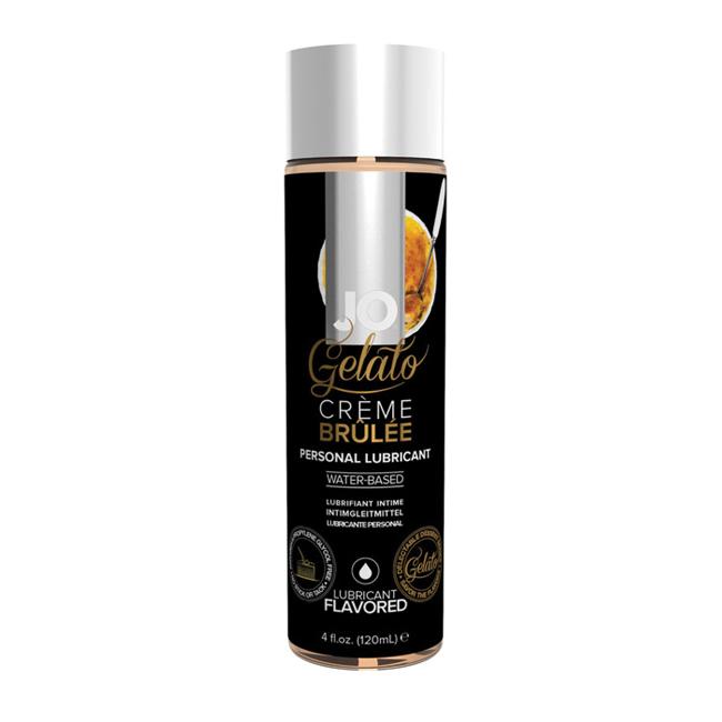 JO Creme Brulee flavored water-based personal lubricant in a black bottle.