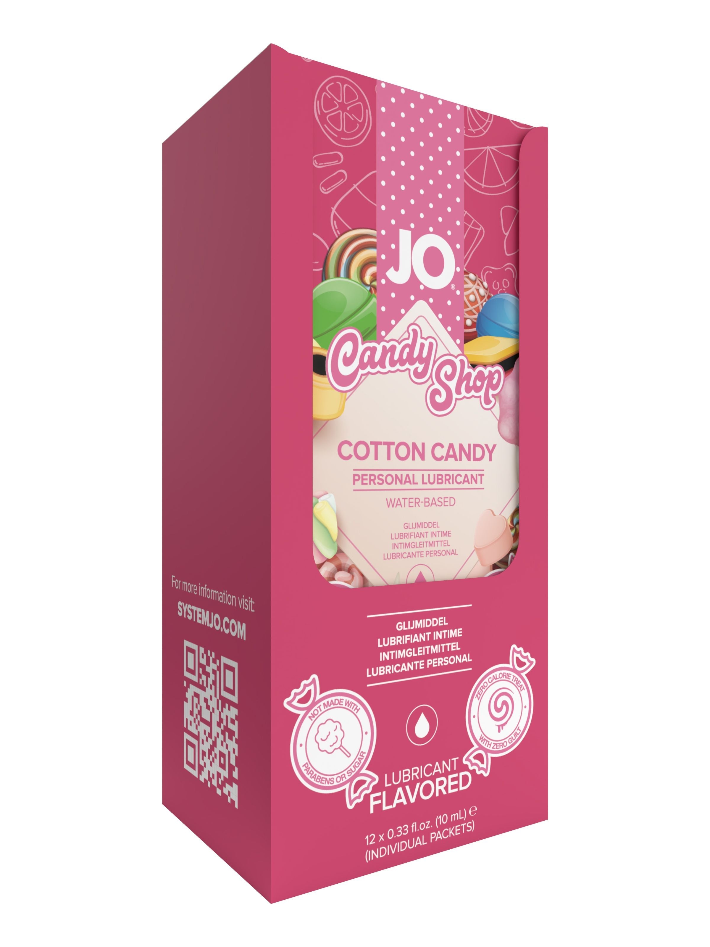 JO Cotton Candy flavored water-based lubricant in individual foil packets.