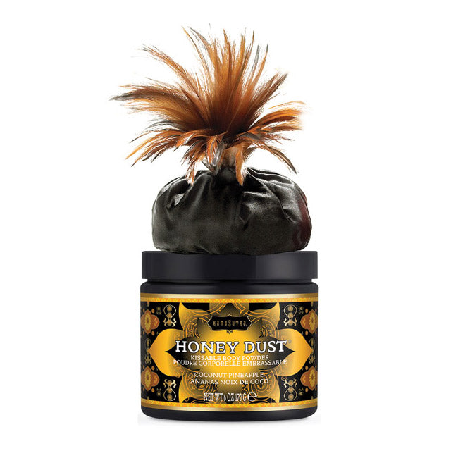 Kama Sutra Coconut Pineapple Honey Dust Body Powder with feather applicator.