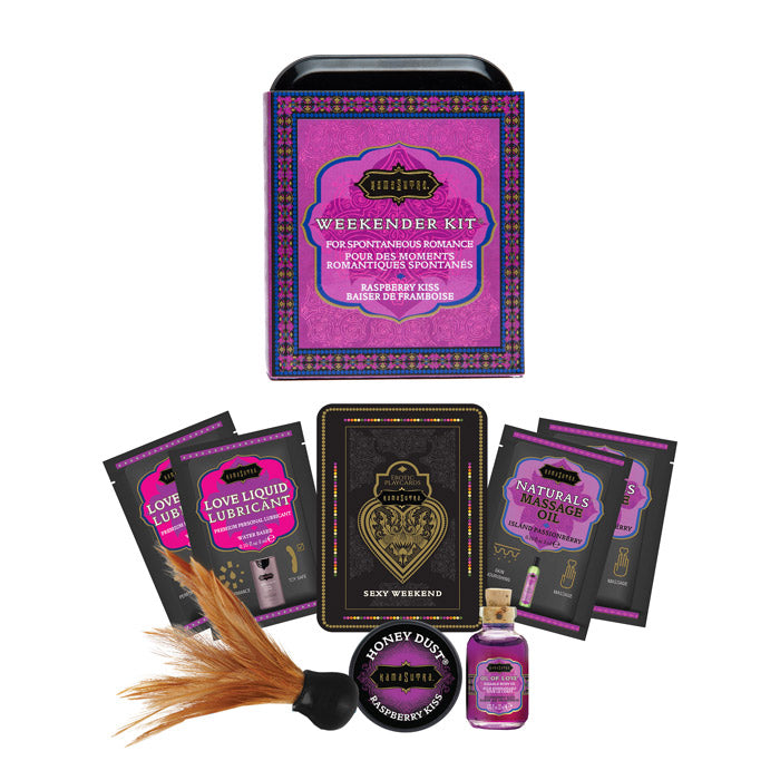 Kama Sutra Weekender Kit with body oil, lube, and playcards.