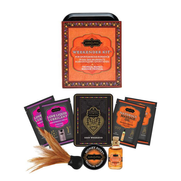 Kama Sutra Tropical Mango Weekender Kit with massage oil and feather tickler.