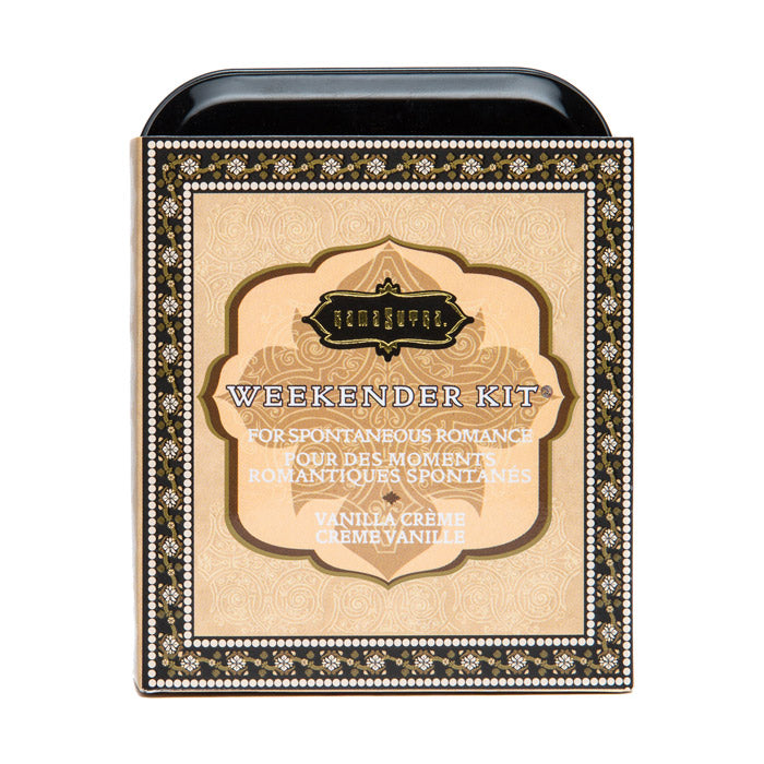 Kama Sutra Vanilla Crème Travel Romance Kit in a decorative tin.