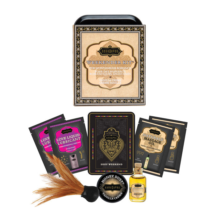 A Kama Sutra travel kit with massage oil, lubricant, body powder, feather tickler, and playcards.