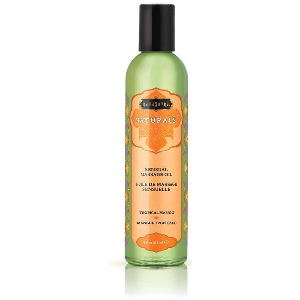 Kama Sutra Tropical Mango massage oil in a green bottle.
