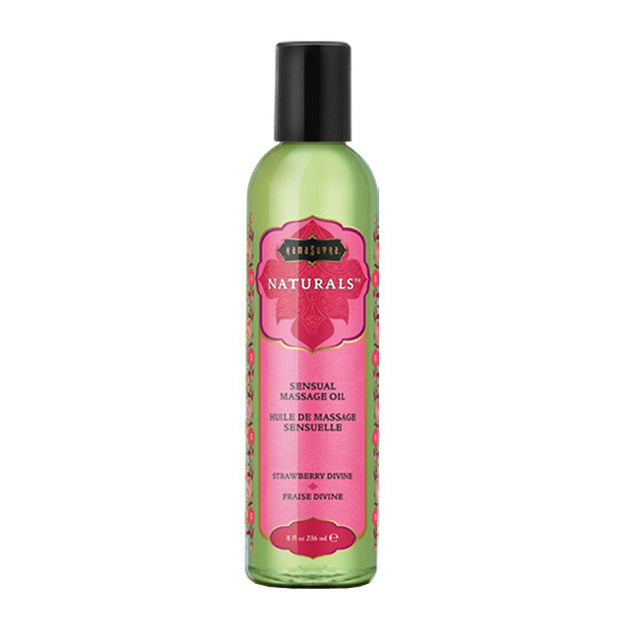 Kama Sutra Naturals Strawberry Divine sensual massage oil in a green bottle.
