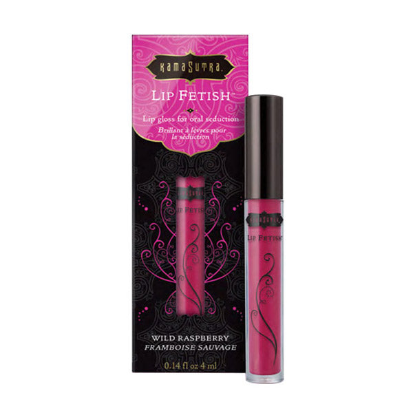 Kama Sutra Wild Raspberry Lip Fetish gloss in a clear tube with a black cap.