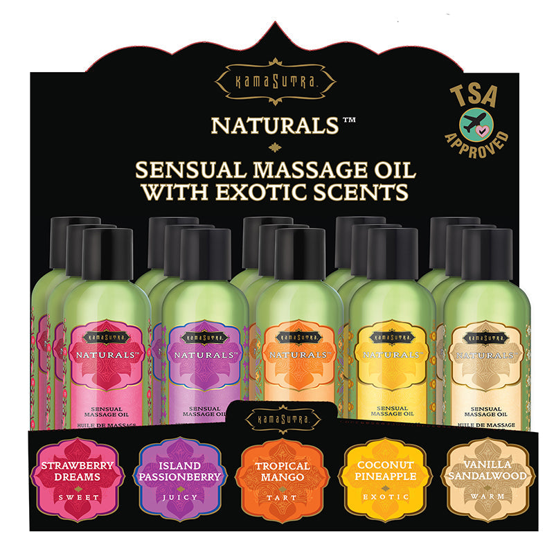 Kama Sutra Naturals massage oil display with five exotic scents.