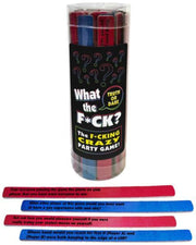 A tube of "What the F*ck?" truth or dare game sticks with sample cards below.