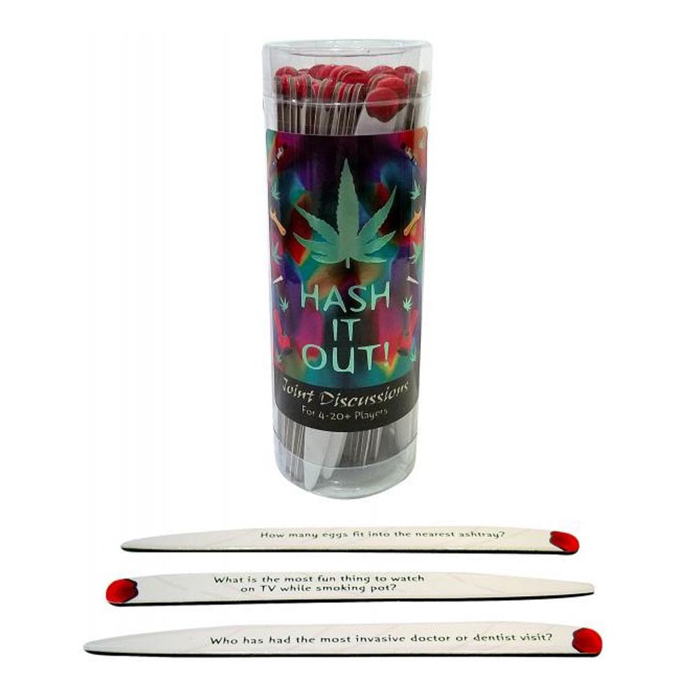 Hash It Out conversation game in a clear tube with discussion sticks.