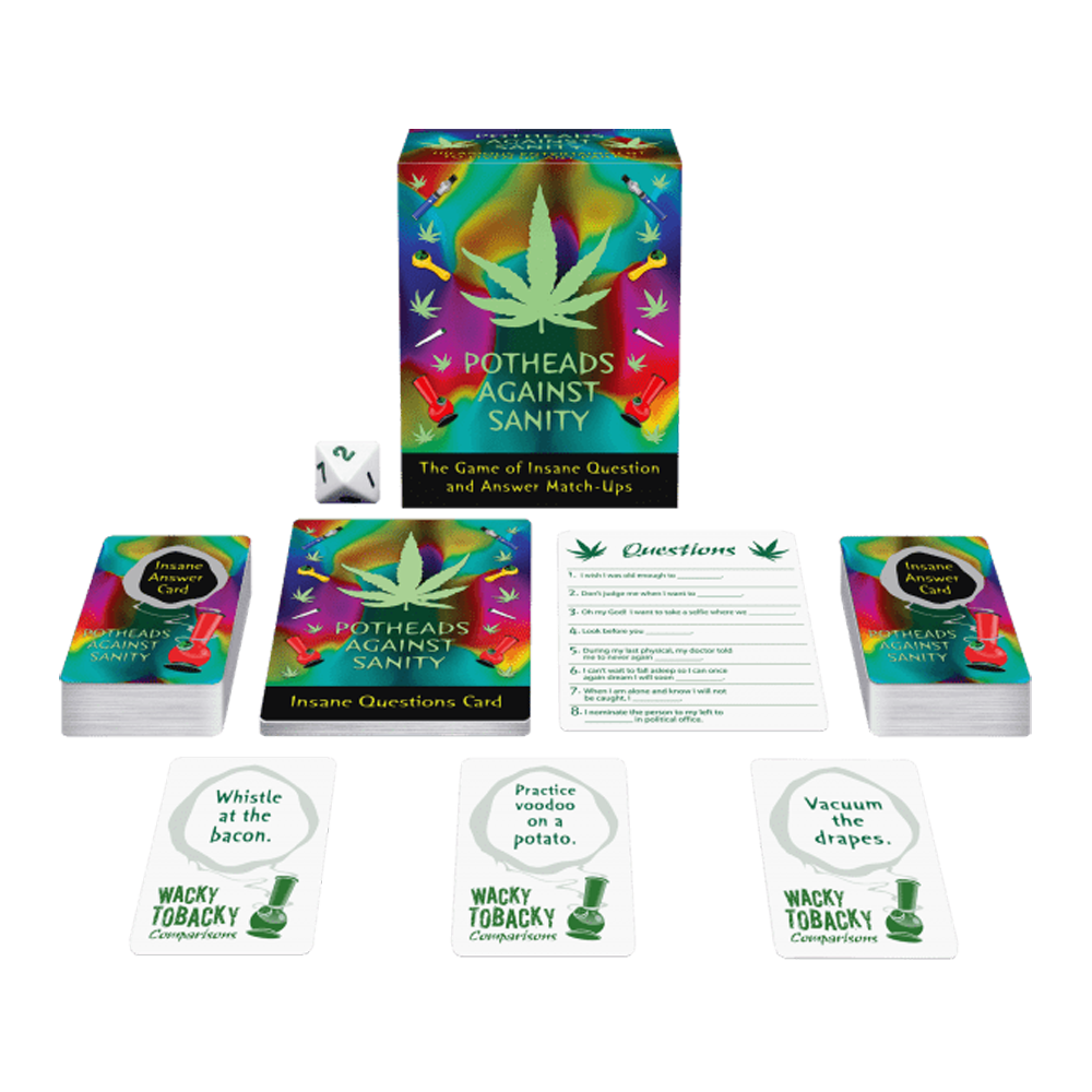 Potheads Against Sanity card game with question and answer cards.