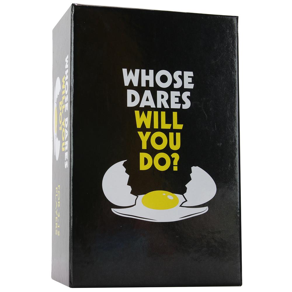 A black box game titled "Whose Dares Will You Do?" with a cracked egg graphic.
