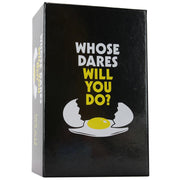 A black box game titled "Whose Dares Will You Do?" with a cracked egg graphic.