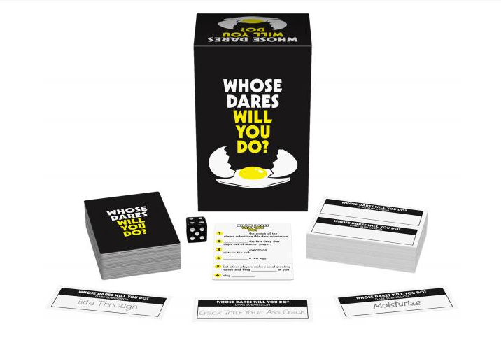Whose Dare Will You Do? adult party game with cards, dice, and box.