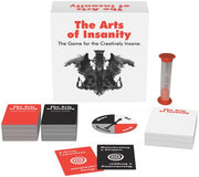 The Arts of Insanity adult party game with cards, a spinner, and an hourglass.