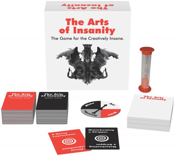 The Arts of Insanity adult party game with cards, a spinner, and an hourglass.