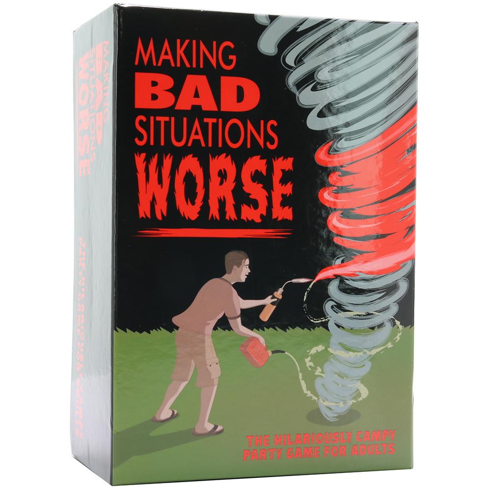 Making Bad Situations Worse adult party card game box with a tornado illustration.
