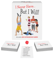 I Never Have But I Will party game with dare cards and a die.