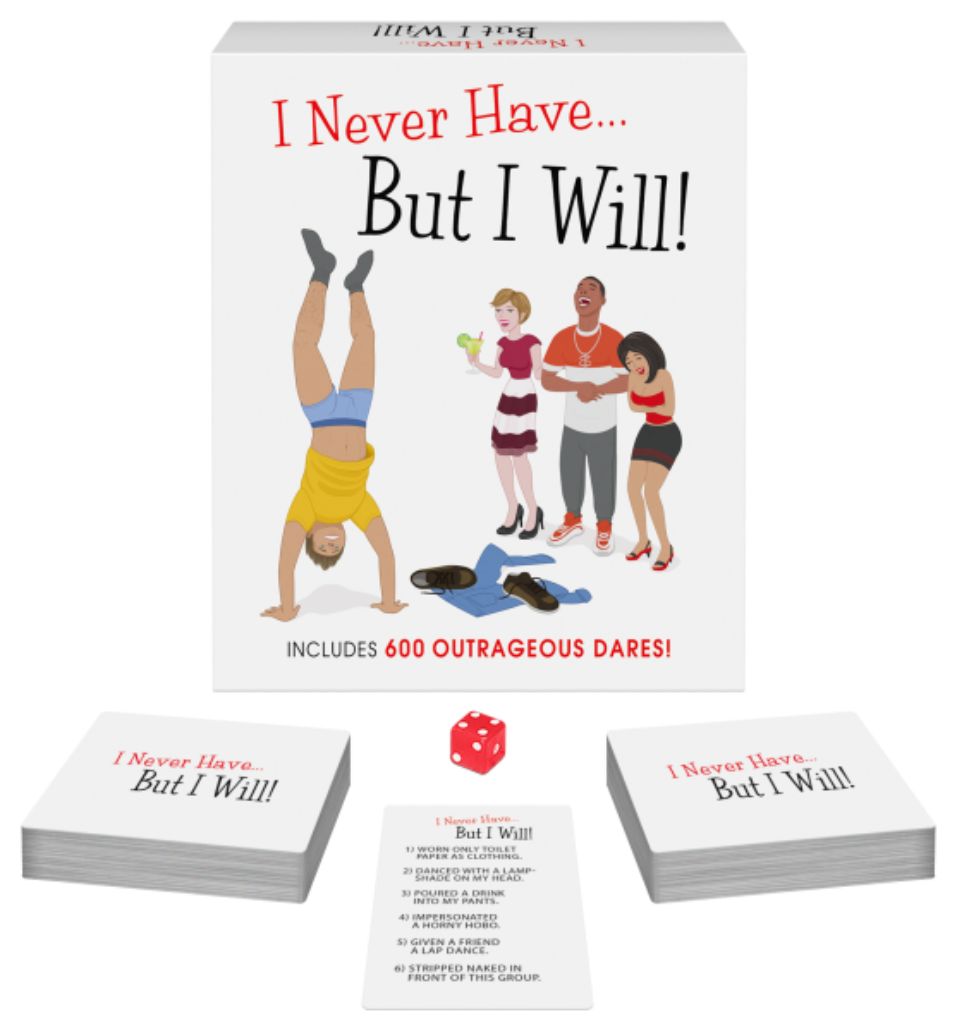 I Never Have But I Will party game with dare cards and a die.