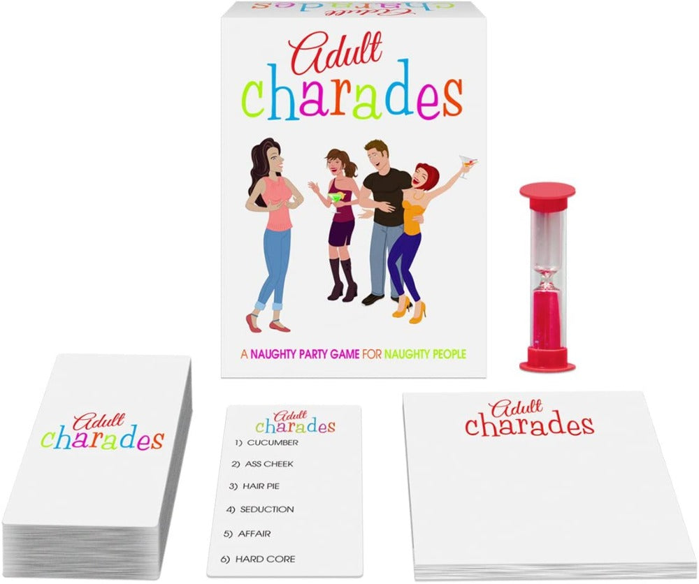 Adult Charades Naughty Party Game with cards, score pad, and timer.