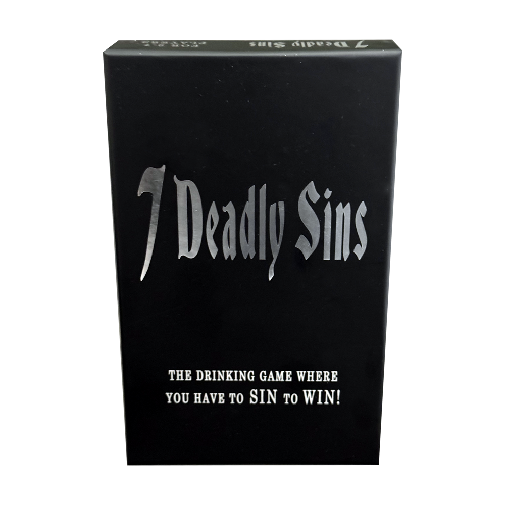 A black box with "7 Deadly Sins" and "The drinking game where you have to sin to win!" printed on it.