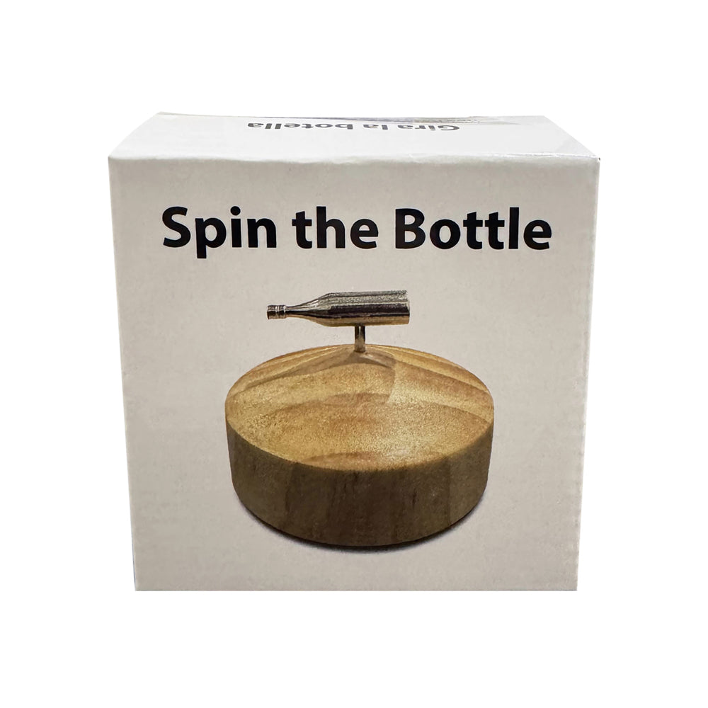 Spin the Bottle party game with a metal bottle and wooden base.