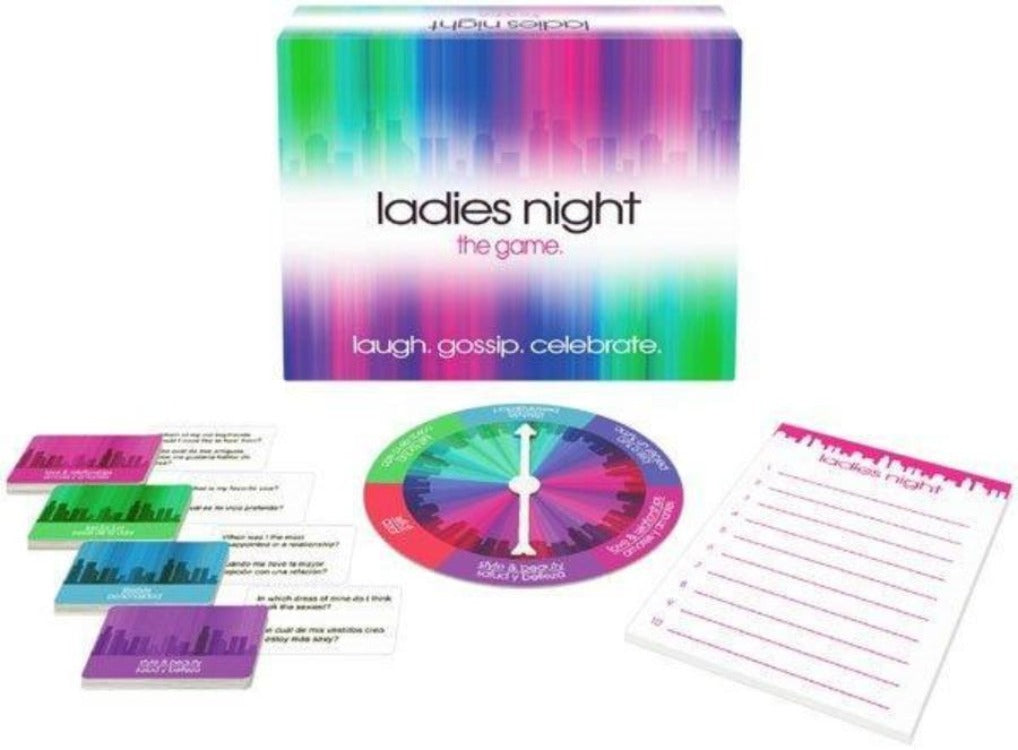 Ladies Night party game with spinner, question cards, and notepad.