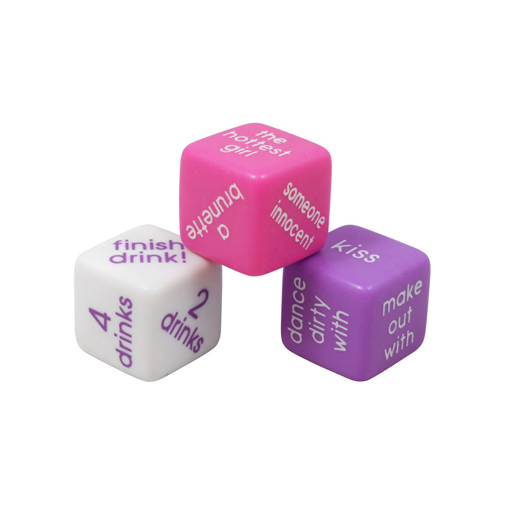 Three dice for a ladies' night game: one white, one pink, one purple.