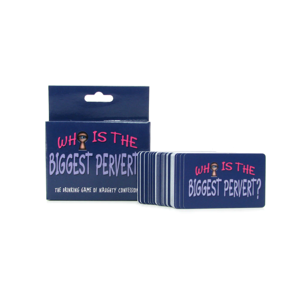 A box and deck of "Who is the Biggest Pervert?" adult drinking game cards.