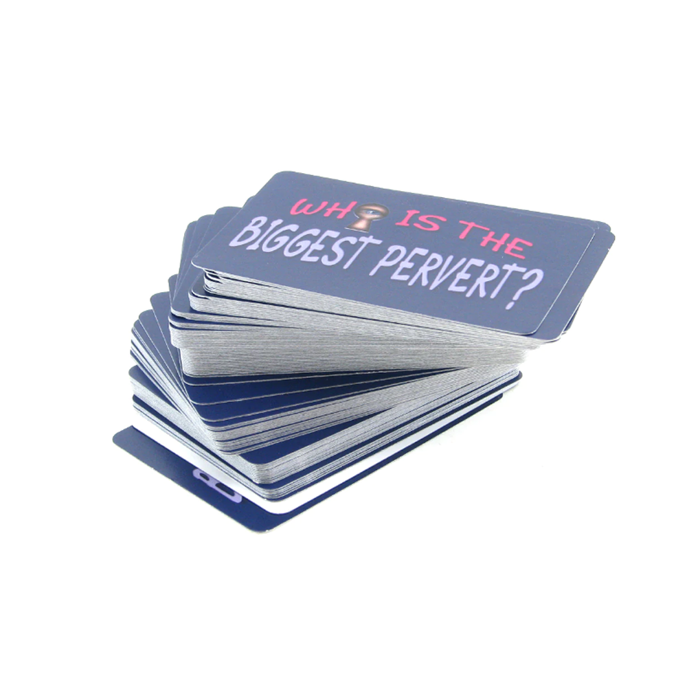 A stack of cards with the text "WHO IS THE BIGGEST PERVERT?" on the top card.