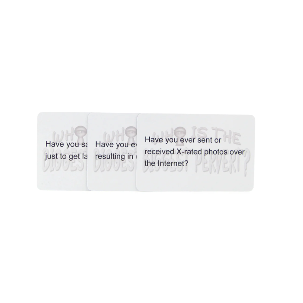 Three cards from the "Who is the Biggest Pervert?" card game are shown.