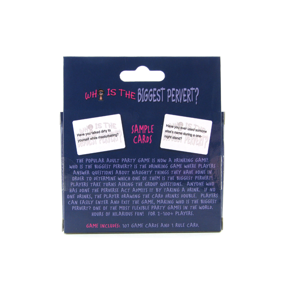 Who is the Biggest Pervert? adult drinking card game box with sample cards.