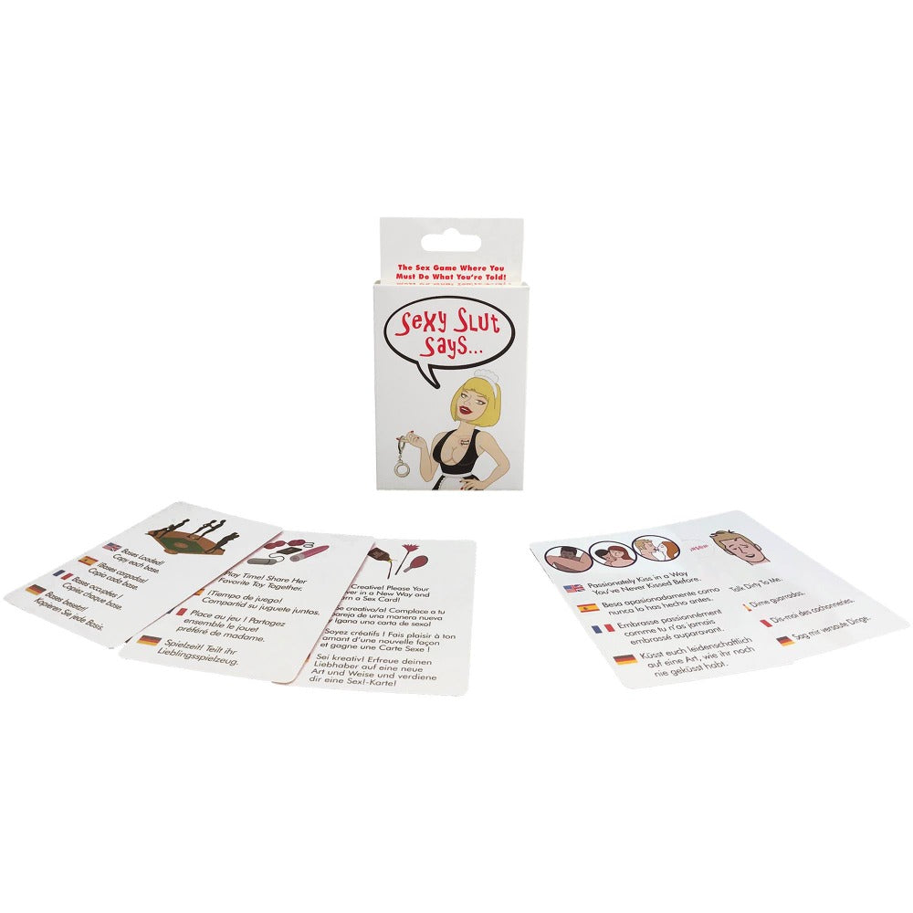 Sexy Slut Says adult card game for couples with illustrated cards.